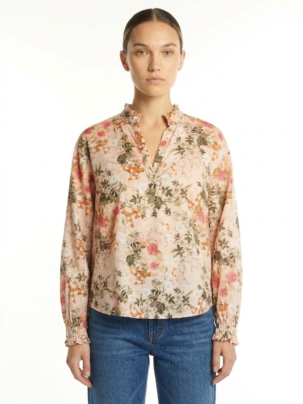 AMO Rosa Ruffle Shirt Floral Pink Pima Cotton XS